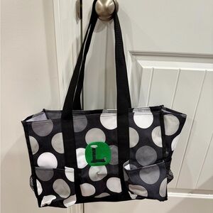 Thirty-One Black & White Polka Dot Tote Bag with Green 'L' Monogram